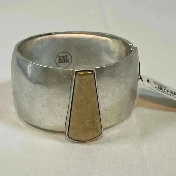THE SAK SILVER TONED BRACELET‎ GOLD ACCENT HINGED CUFF DISTRESSED NWT - Picture 5 of 10